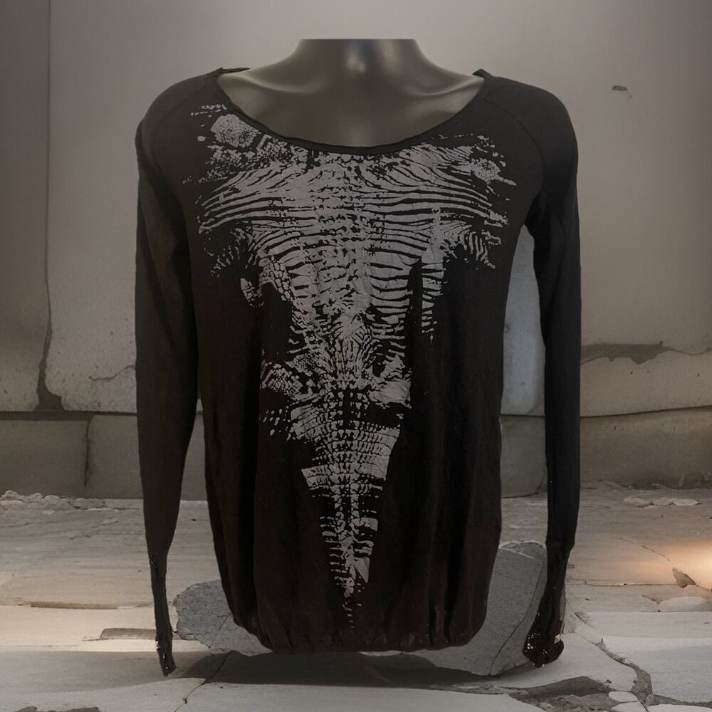 VTG Y2K Tunic Top Mesh Boat Neck Goth Vertebrae Rib Cage Tattoo Graphic Studded